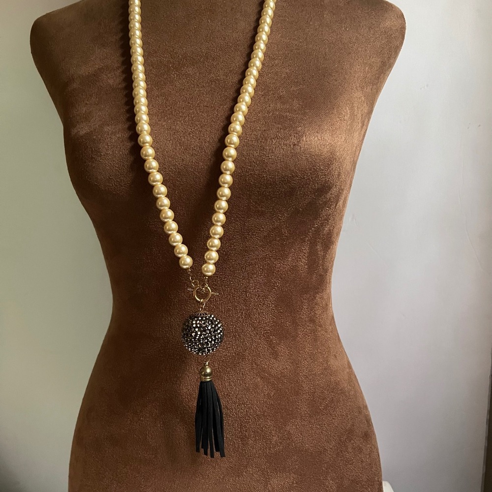 Vintage Style Glass Pearl Tassel Necklace Rhinestone Ball 33 Inch Size Large
